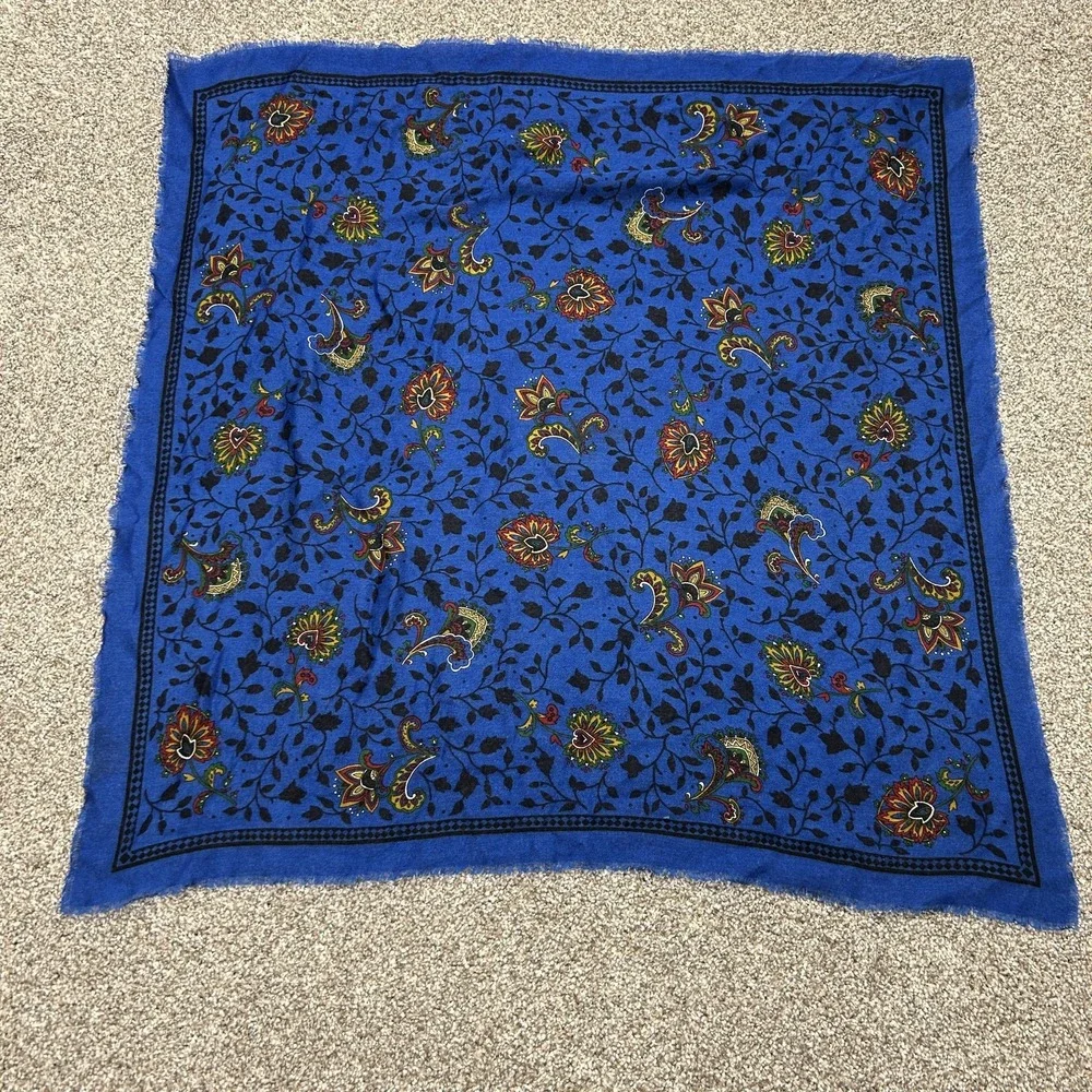 Vintage Square Scarf Womens OS Blue Floral Fringe Acrylic Made In Japan